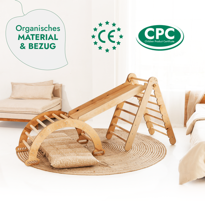 4in1 Kletterset: Klettergerüst, Kletterdreieck mit Rutsche, Kletterbogen mit Kissen – Beige