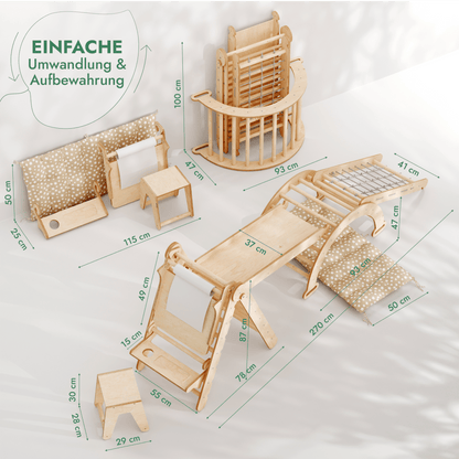 Klettergerüst: Kletterdreieck, Kletterbogen mit Kissen, Rutsche, Kletternetz, Maltafel, Kinderstuhl – Beige