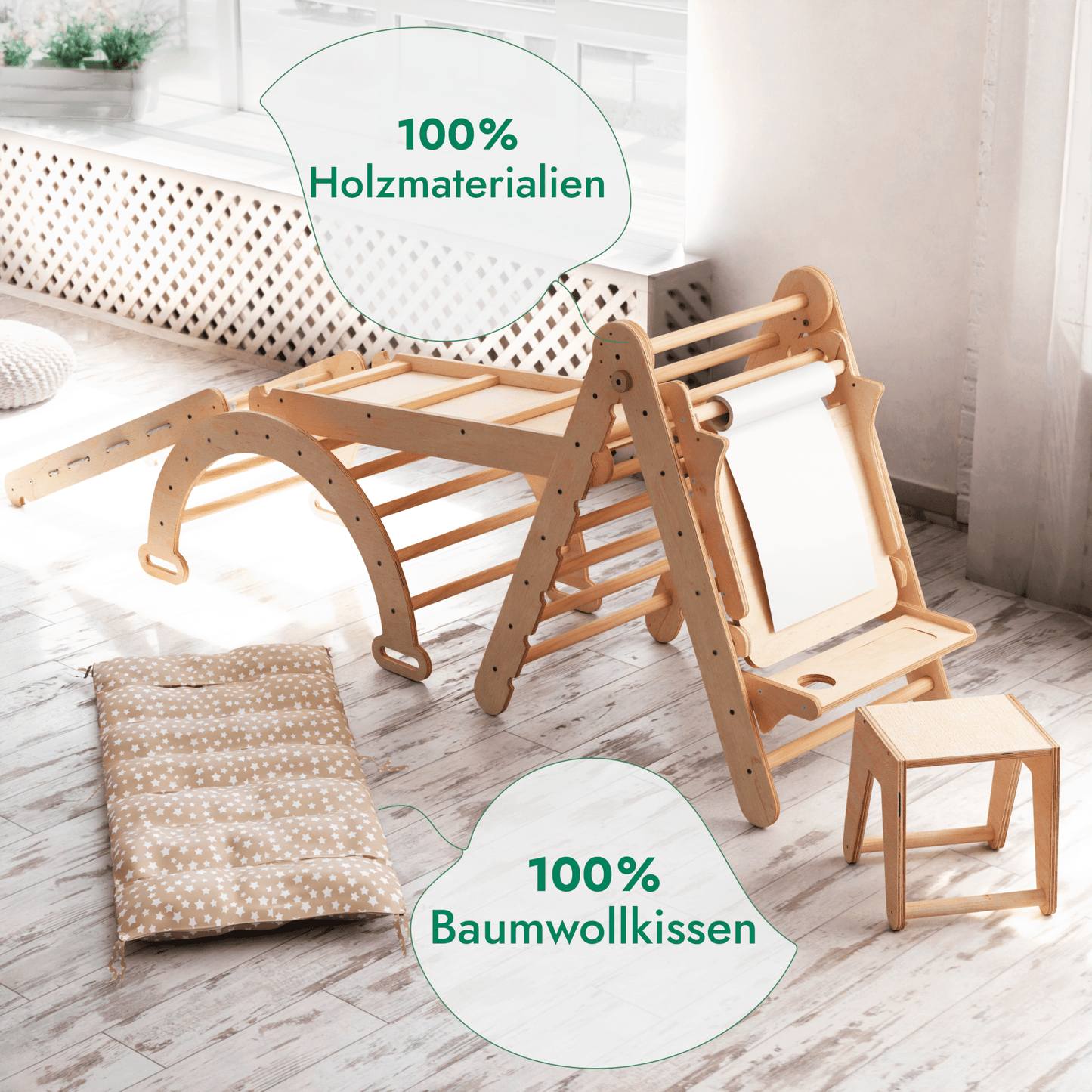 Klettergerüst: Kletterdreieck, Kletterbogen mit Kissen, Rutsche, Kletternetz, Maltafel, Kinderstuhl – Beige