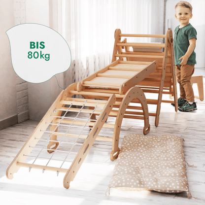 Klettergerüst: Kletterdreieck, Kletterbogen mit Kissen, Rutsche, Kletternetz, Maltafel, Kinderstuhl – Beige