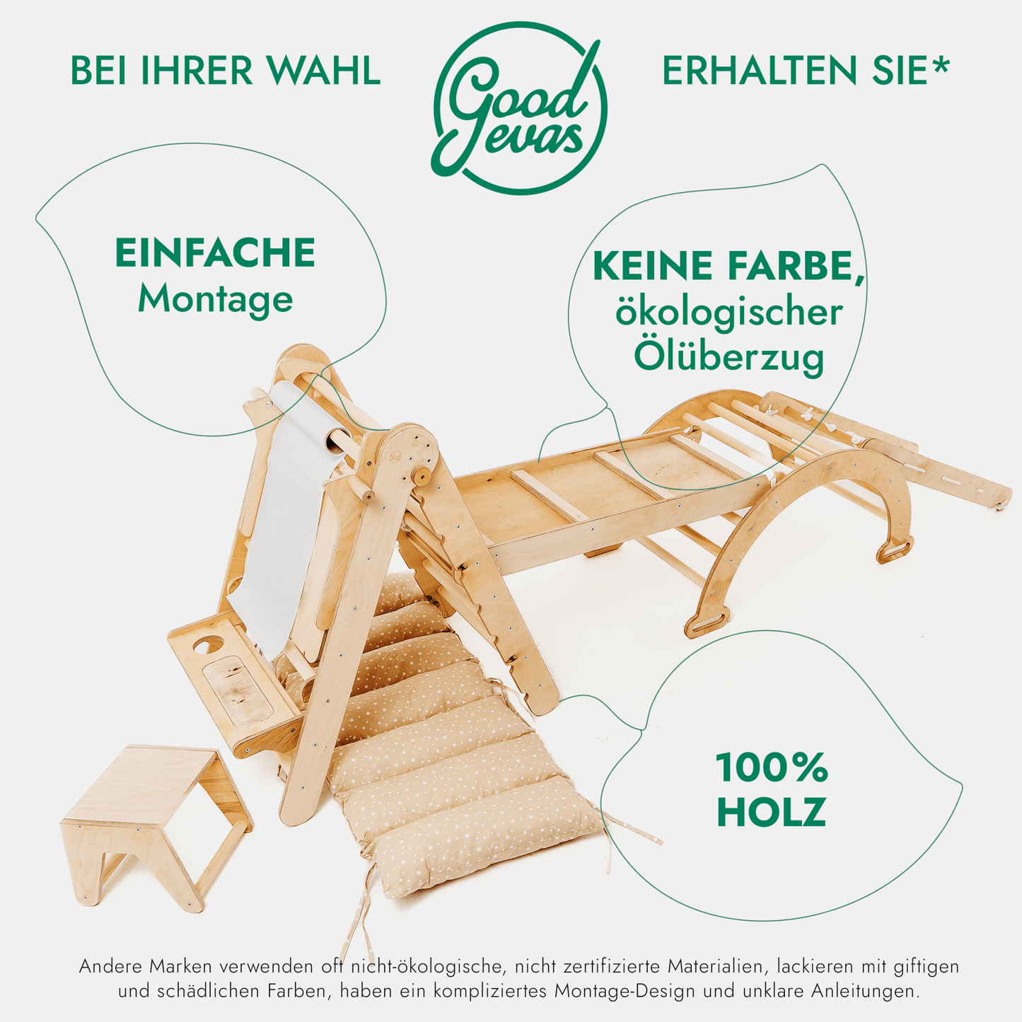 Klettergerüst: Kletterdreieck, Kletterbogen mit Kissen, Rutsche, Kletternetz, Maltafel, Kinderstuhl – Beige
