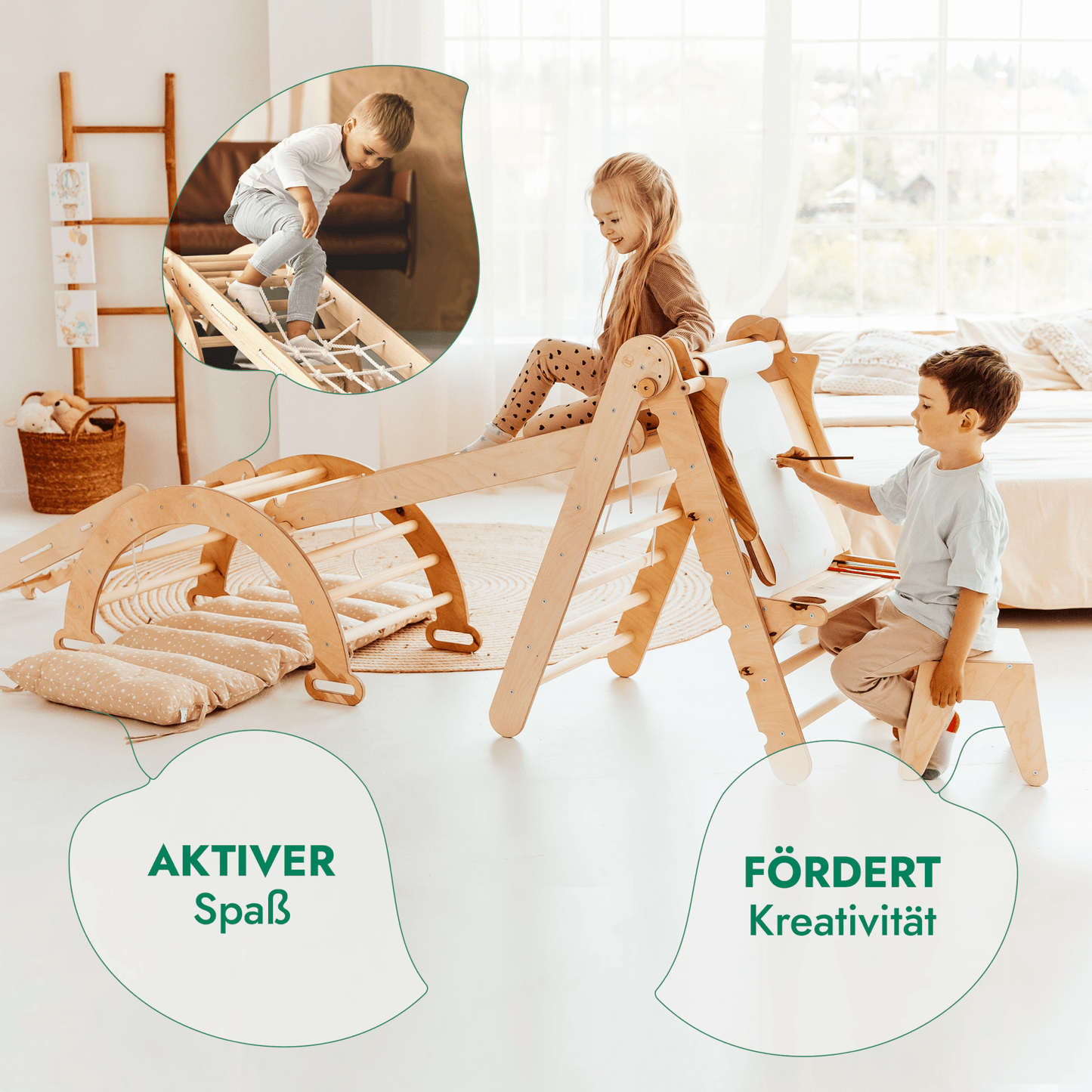 Klettergerüst: Kletterdreieck, Kletterbogen mit Kissen, Rutsche, Kletternetz, Maltafel, Kinderstuhl – Beige