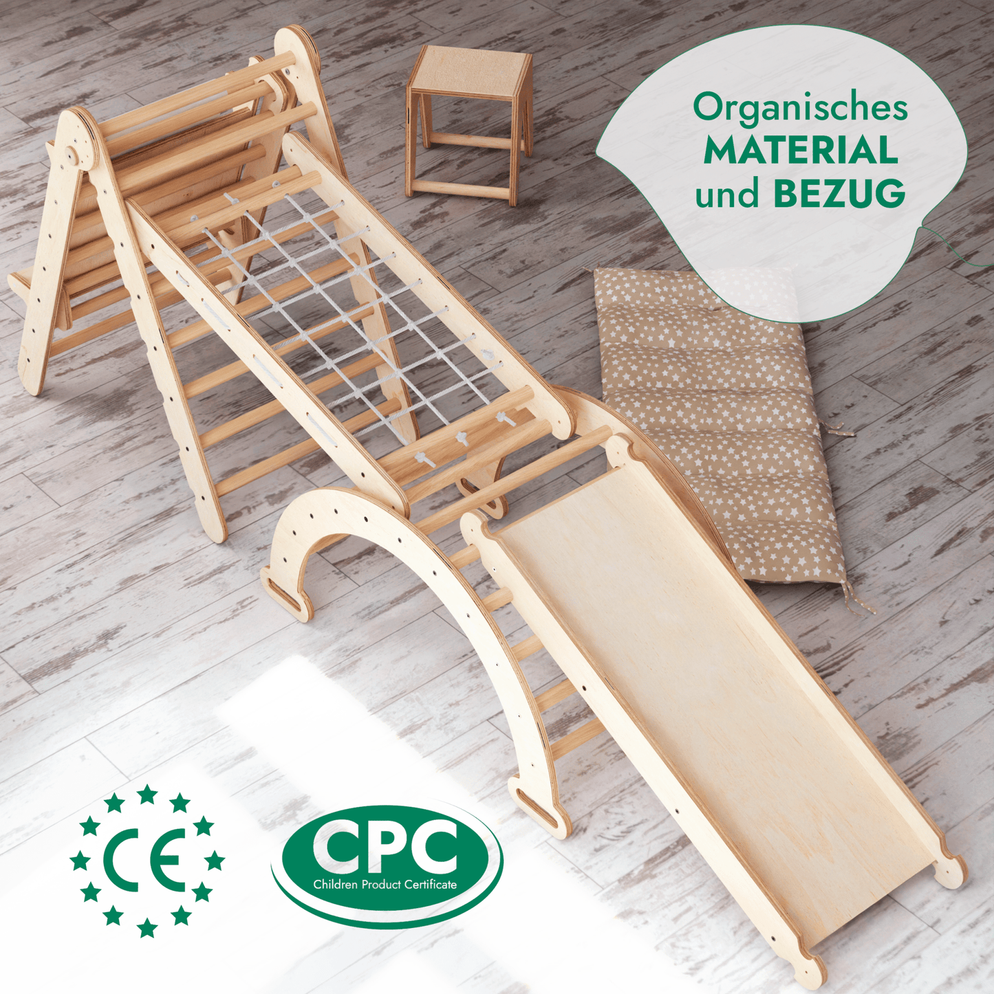 Klettergerüst: Kletterdreieck, Kletterbogen mit Kissen, Rutsche, Kletternetz, Maltafel, Kinderstuhl – Beige