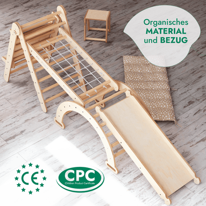 Klettergerüst: Kletterdreieck, Kletterbogen mit Kissen, Rutsche, Kletternetz, Maltafel, Kinderstuhl – Beige