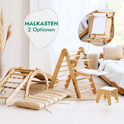 Klettergerüst: Kletterdreieck, Kletterbogen mit Kissen, Rutsche, Kletternetz, Maltafel, Kinderstuhl – Beige