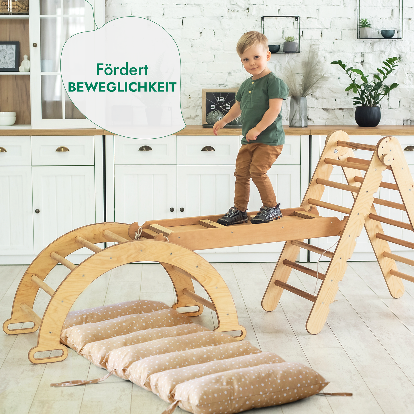 4in1 Kletterset: Klettergerüst, Kletterdreieck mit Rutsche, Kletterbogen mit Kissen – Beige