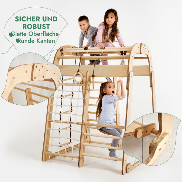 Indoor Spielplatz: Klettergerüst mit Kletternetz, Rutsche, Gymnastikringe, Hängende Leiter, Disc-Schaukel, Maltafel und Kinderstuhl – Beige