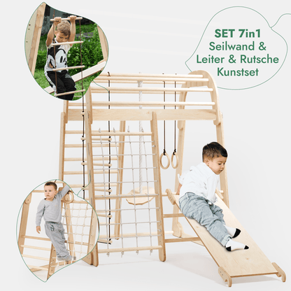 Indoor Spielplatz: Klettergerüst mit Kletternetz, Rutsche, Gymnastikringe, Hängende Leiter, Disc-Schaukel, Maltafel und Kinderstuhl – Beige
