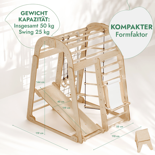 Indoor Spielplatz: Klettergerüst mit Kletternetz, Rutsche, Gymnastikringe, Hängende Leiter, Disc-Schaukel, Maltafel und Kinderstuhl – Beige