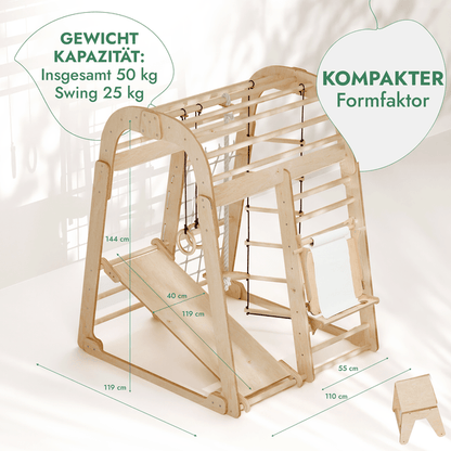 Indoor Spielplatz: Klettergerüst mit Kletternetz, Rutsche, Gymnastikringe, Hängende Leiter, Disc-Schaukel, Maltafel und Kinderstuhl – Beige