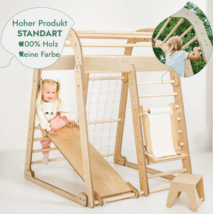 Indoor Spielplatz: Klettergerüst mit Kletternetz, Rutsche, Gymnastikringe, Hängende Leiter, Disc-Schaukel, Maltafel und Kinderstuhl – Beige