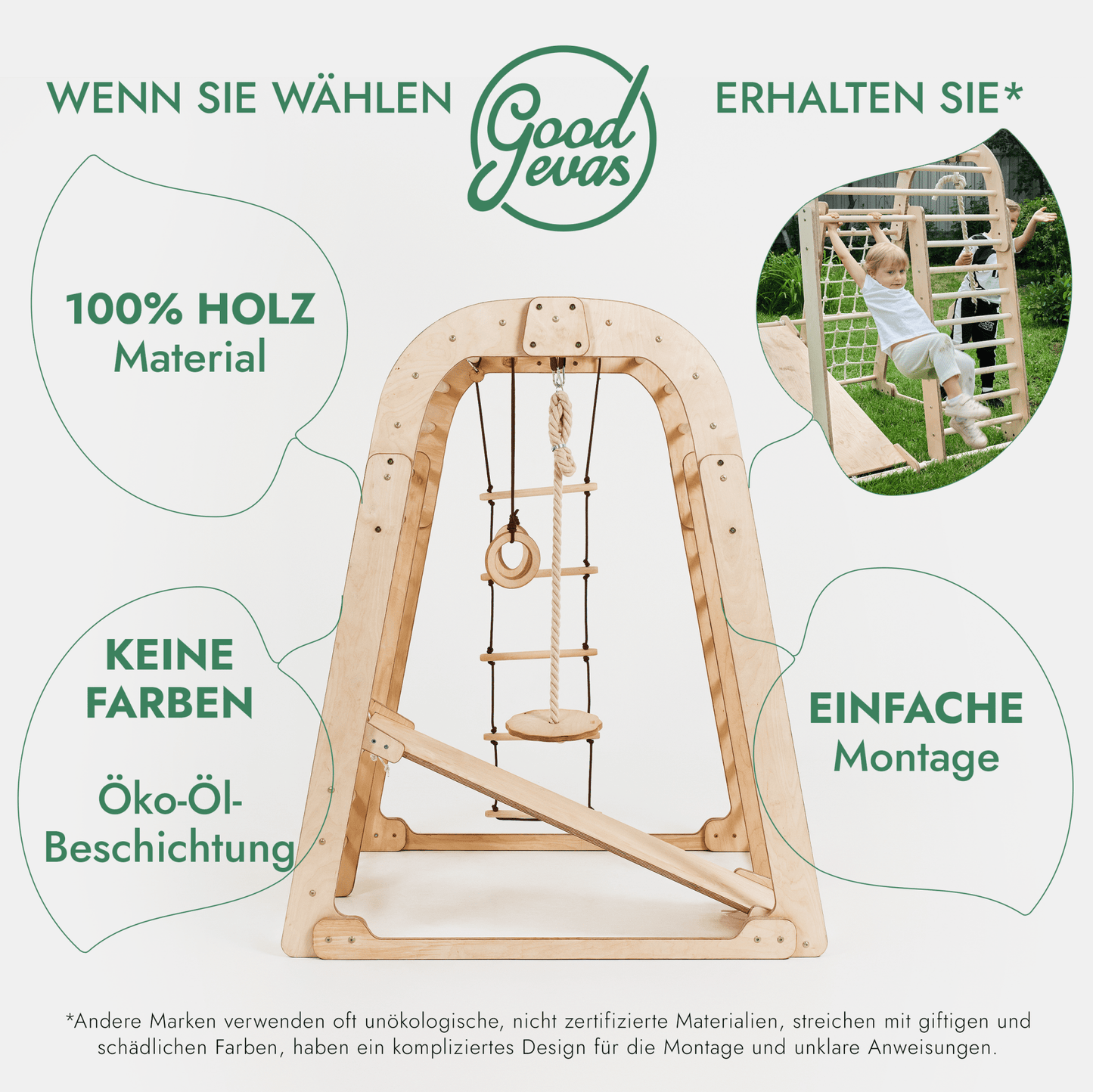 Indoor Spielplatz: Klettergerüst mit Kletternetz, Rutsche, Gymnastikringe, Hängende Leiter, Disc-Schaukel, Maltafel und Kinderstuhl – Beige