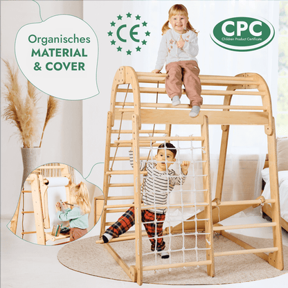 Indoor Spielplatz: Klettergerüst mit Kletternetz, Rutsche, Gymnastikringe, Hängende Leiter, Disc-Schaukel, Maltafel und Kinderstuhl – Beige