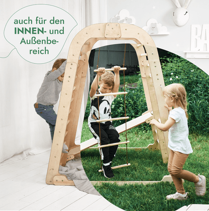 Indoor Spielplatz: Klettergerüst mit Kletternetz, Rutsche, Gymnastikringe, Hängende Leiter, Disc-Schaukel, Maltafel und Kinderstuhl – Beige