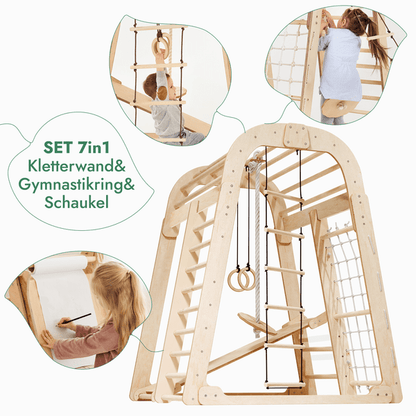 Indoor Spielplatz: Klettergerüst mit Kletternetz, Rutsche, Gymnastikringe, Hängende Leiter, Disc-Schaukel, Maltafel und Kinderstuhl – Beige