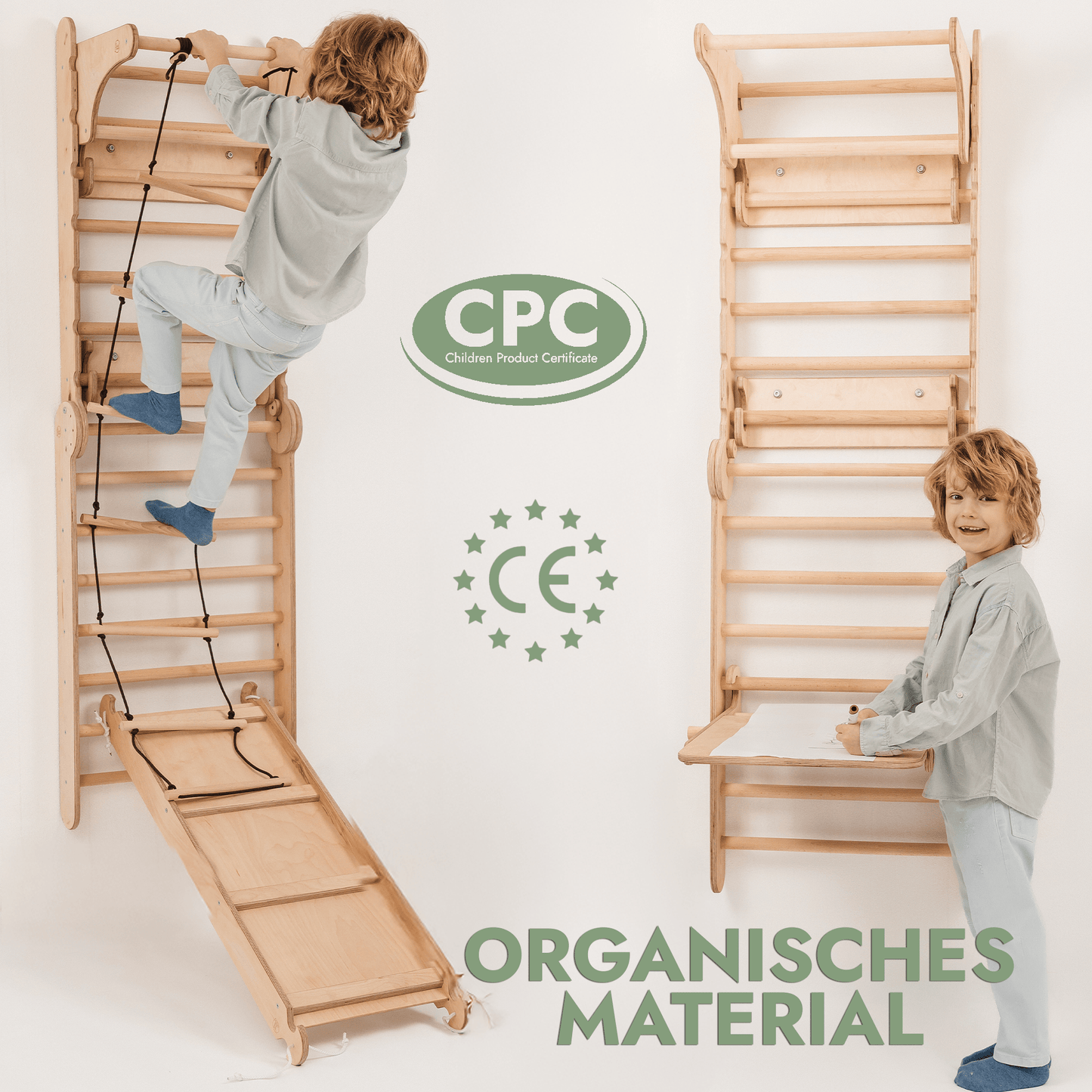 Kletterwand: Rutsche, Hängeleiter, Sprossenwand, Gymnastikringe, Disc-Schaukel, Klimmzugstange, Maltafel und Kinderstuhl – Beige
