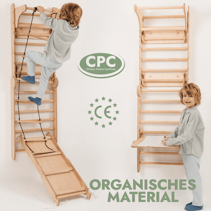 Kletterwand: Rutsche, Hängeleiter, Sprossenwand, Gymnastikringe, Disc-Schaukel, Klimmzugstange, Maltafel und Kinderstuhl – Beige