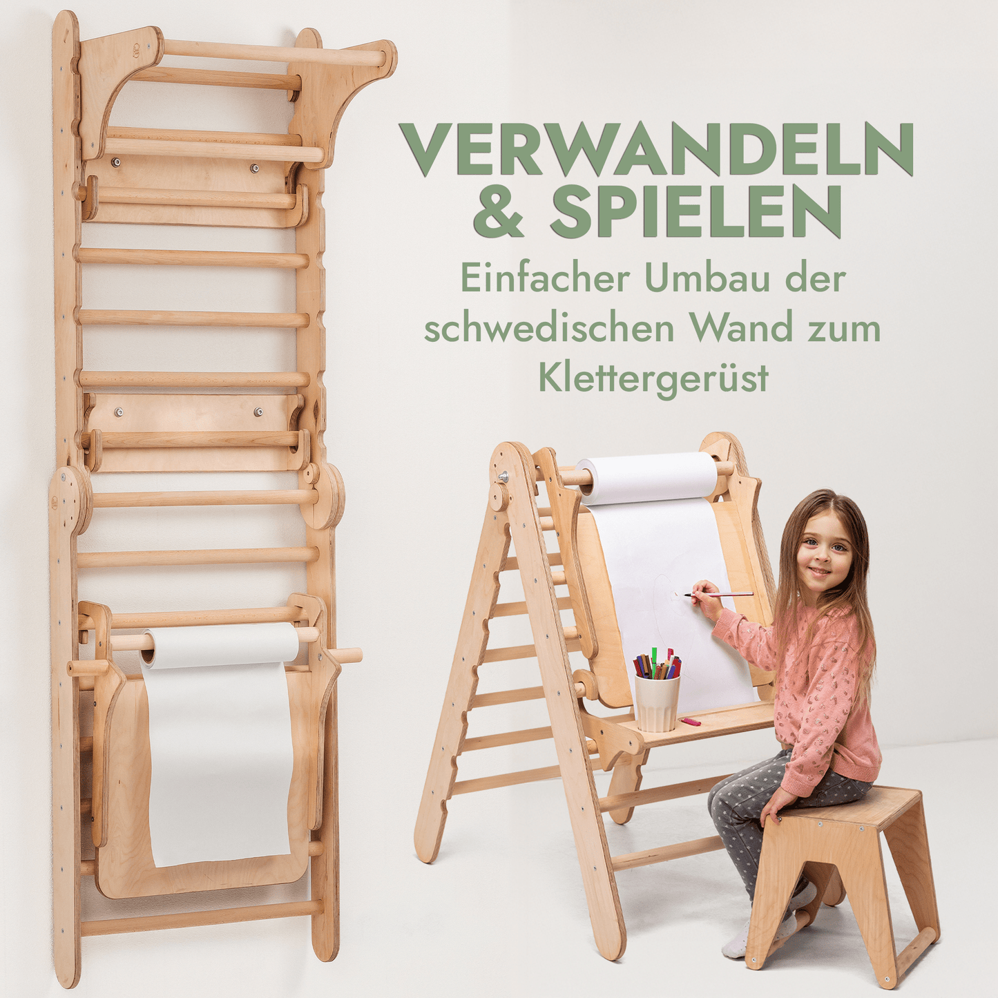 Kletterwand: Rutsche, Hängeleiter, Sprossenwand, Gymnastikringe, Disc-Schaukel, Klimmzugstange, Maltafel und Kinderstuhl – Beige