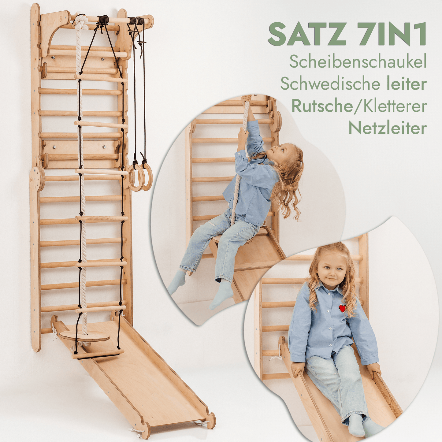 Kletterwand: Rutsche, Hängeleiter, Sprossenwand, Gymnastikringe, Disc-Schaukel, Klimmzugstange, Maltafel und Kinderstuhl – Beige