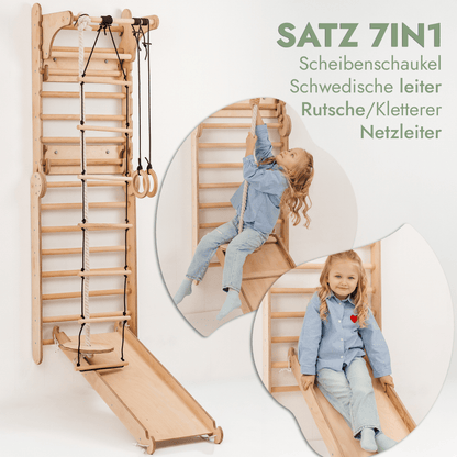 Kletterwand: Rutsche, Hängeleiter, Sprossenwand, Gymnastikringe, Disc-Schaukel, Klimmzugstange, Maltafel und Kinderstuhl – Beige