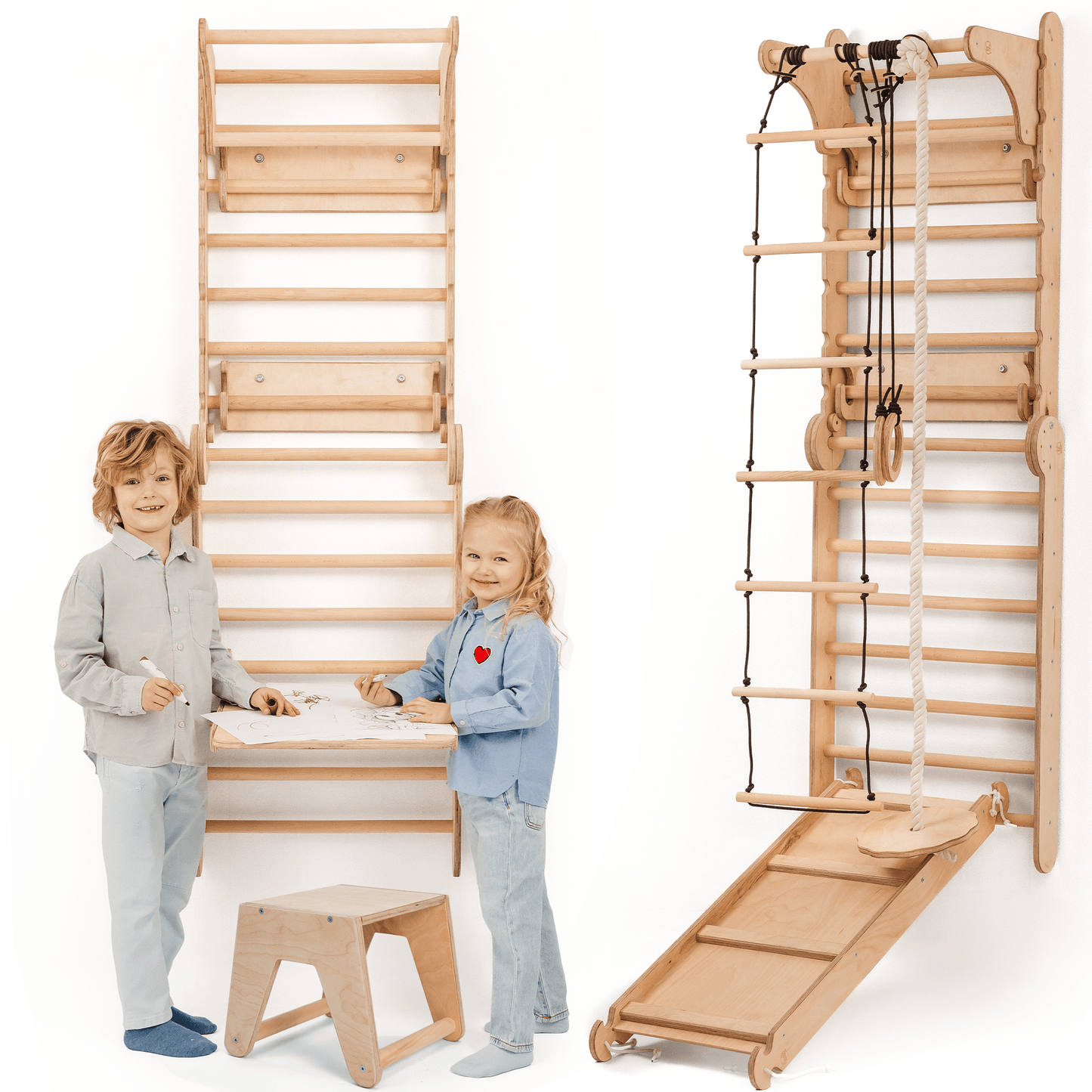 Kletterwand: Rutsche, Hängeleiter, Sprossenwand, Gymnastikringe, Disc-Schaukel, Klimmzugstange, Maltafel und Kinderstuhl – Beige