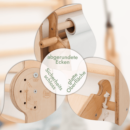 Kletterwand: Rutsche, Hängeleiter, Sprossenwand, Gymnastikringe, Disc-Schaukel, Klimmzugstange, Maltafel und Kinderstuhl – Beige