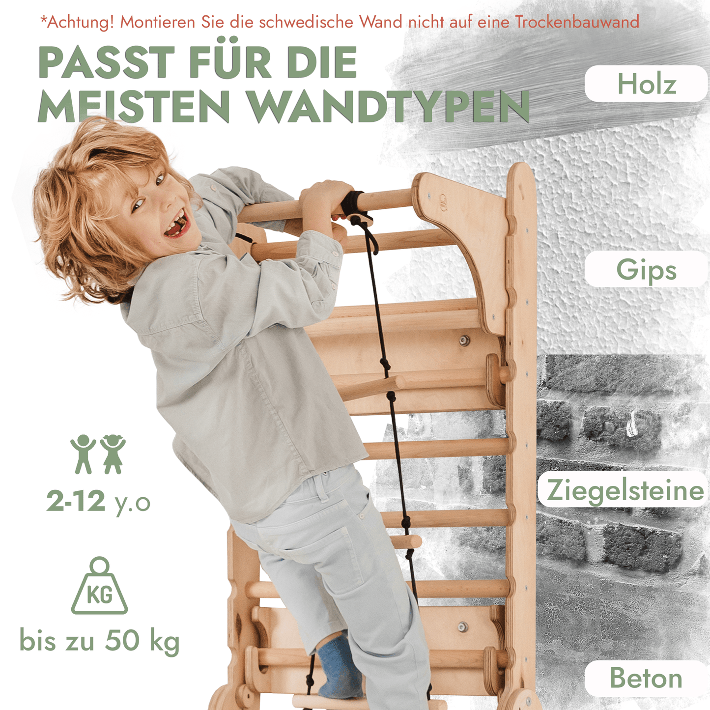 Kletterwand: Rutsche, Hängeleiter, Sprossenwand, Gymnastikringe, Disc-Schaukel, Klimmzugstange, Maltafel und Kinderstuhl – Beige