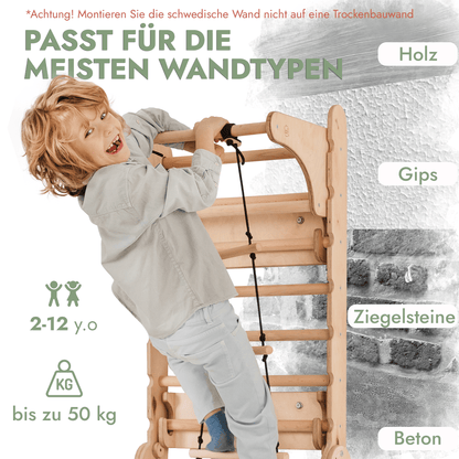 Kletterwand: Rutsche, Hängeleiter, Sprossenwand, Gymnastikringe, Disc-Schaukel, Klimmzugstange, Maltafel und Kinderstuhl – Beige