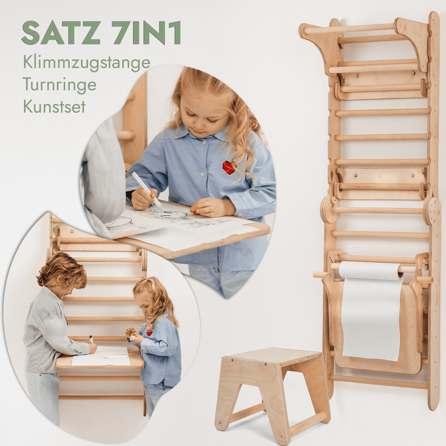 Kletterwand: Rutsche, Hängeleiter, Sprossenwand, Gymnastikringe, Disc-Schaukel, Klimmzugstange, Maltafel und Kinderstuhl – Beige