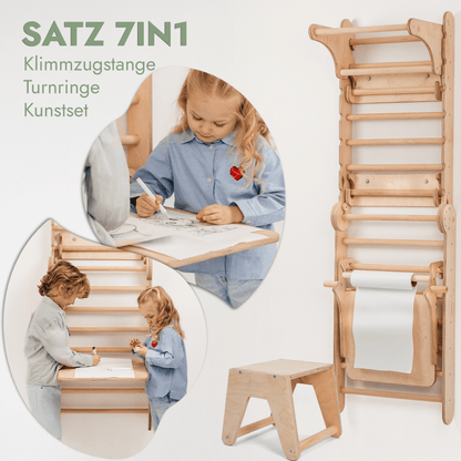 Kletterwand: Rutsche, Hängeleiter, Sprossenwand, Gymnastikringe, Disc-Schaukel, Klimmzugstange, Maltafel und Kinderstuhl – Beige