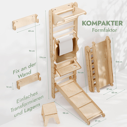Kletterwand: Rutsche, Hängeleiter, Sprossenwand, Gymnastikringe, Disc-Schaukel, Klimmzugstange, Maltafel und Kinderstuhl – Beige