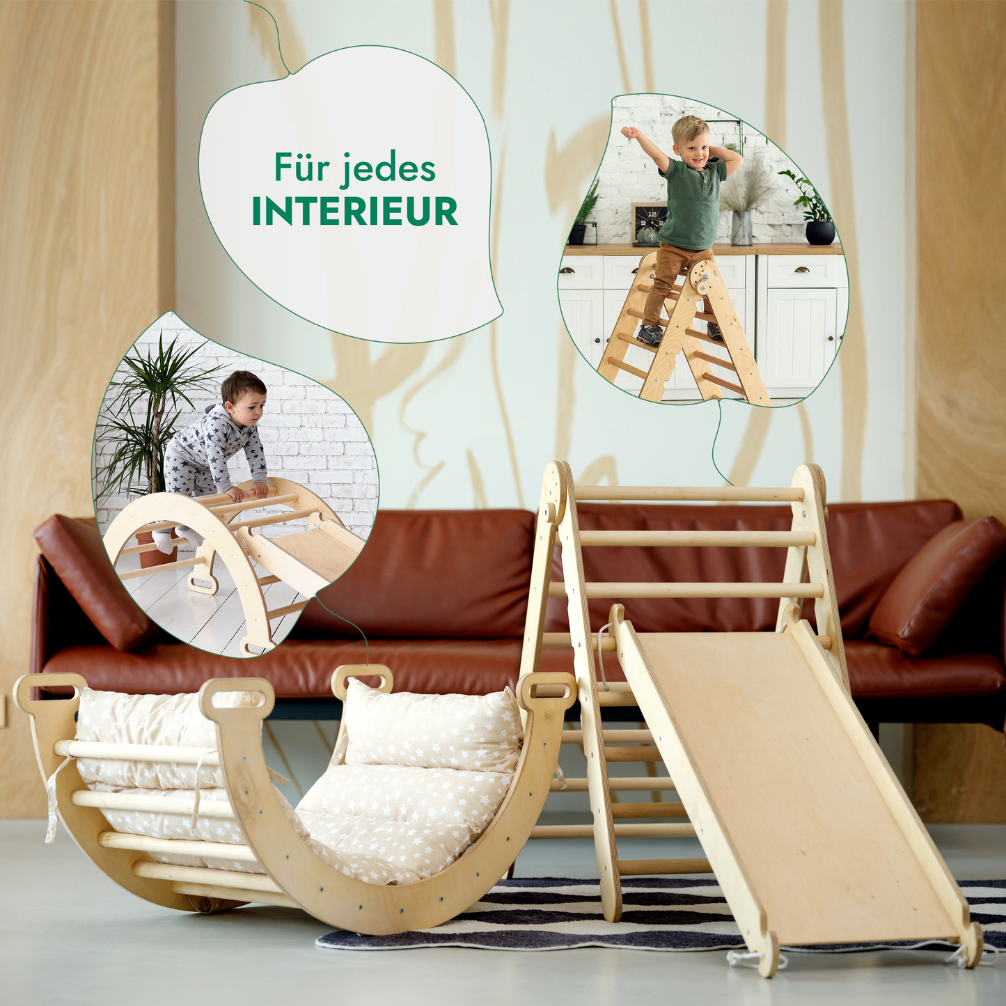 4in1 Kletterset: Klettergerüst, Kletterdreieck mit Rutsche, Kletterbogen mit Kissen – Beige