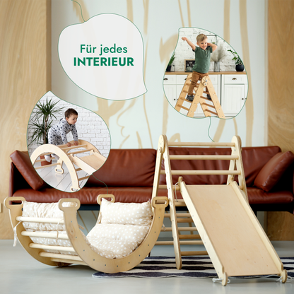 4in1 Kletterset: Klettergerüst, Kletterdreieck mit Rutsche, Kletterbogen mit Kissen – Beige
