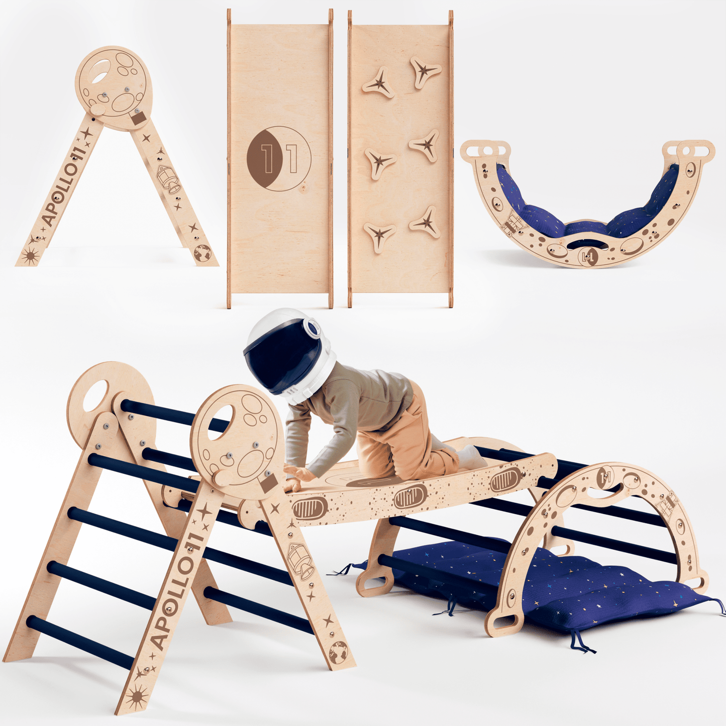 4in1 Kletterset für Kinder: Kletterbogen, Pikler-Dreieck, Rutschbrett, Kissen