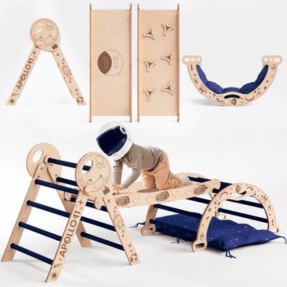 4in1 Kletterset für Kinder: Kletterbogen, Pikler-Dreieck, Rutschbrett, Kissen