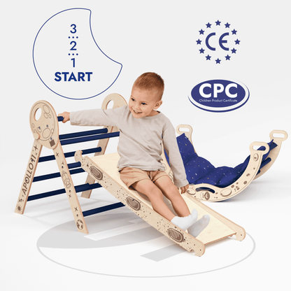 4in1 Kletterset für Kinder: Kletterbogen, Pikler-Dreieck, Rutschbrett, Kissen