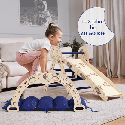 4in1 Kletterset für Kinder: Kletterbogen, Pikler-Dreieck, Rutschbrett, Kissen