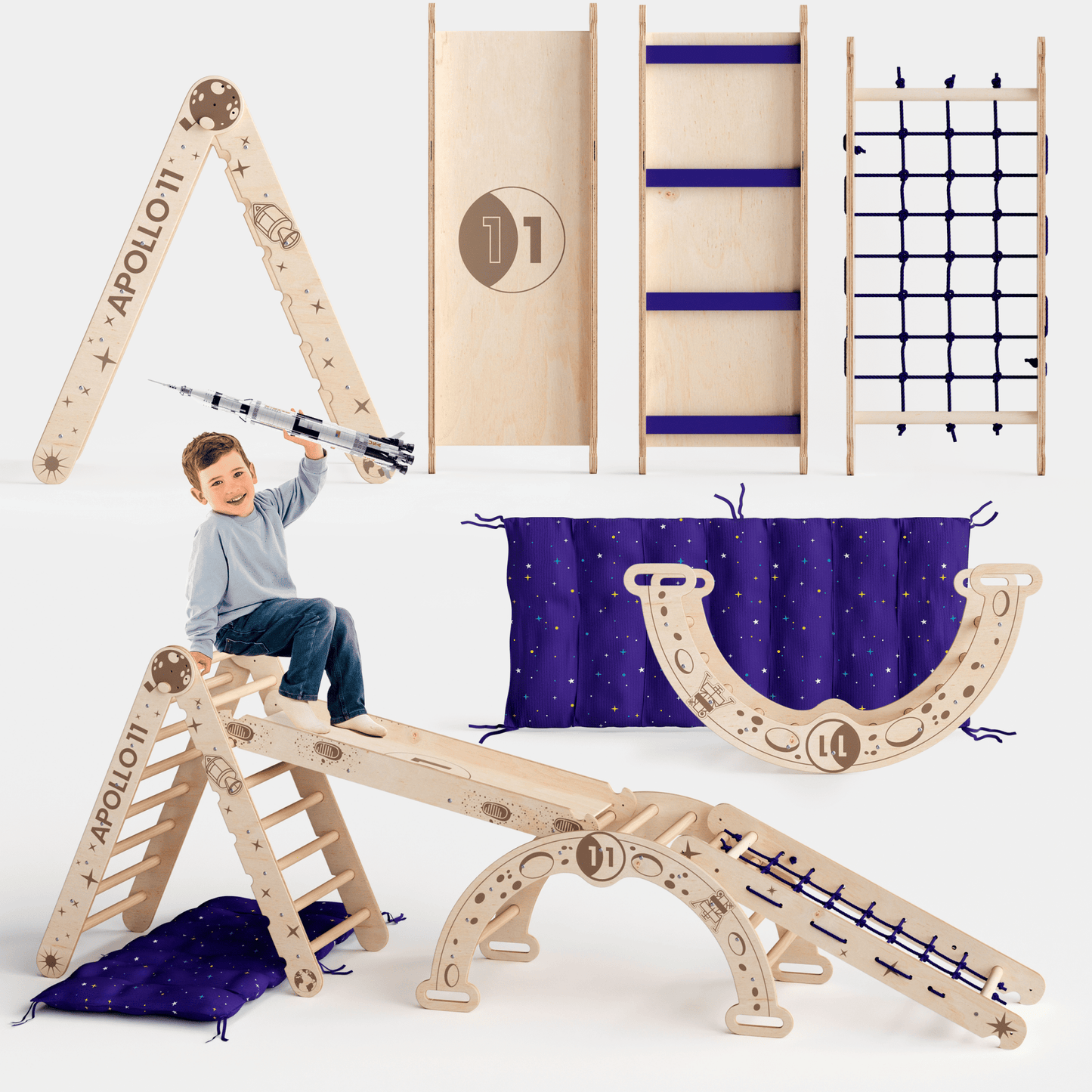 5in1 Kletterset für Kinder: Kletterbogen, Rutschbrett, Pikler-Dreieck, Netz