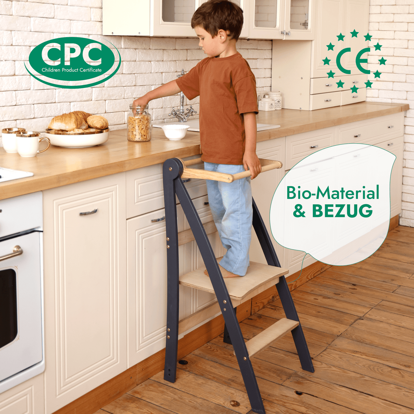 Tritthocker Holz Lernleiter für Kinder Montessori - Beige